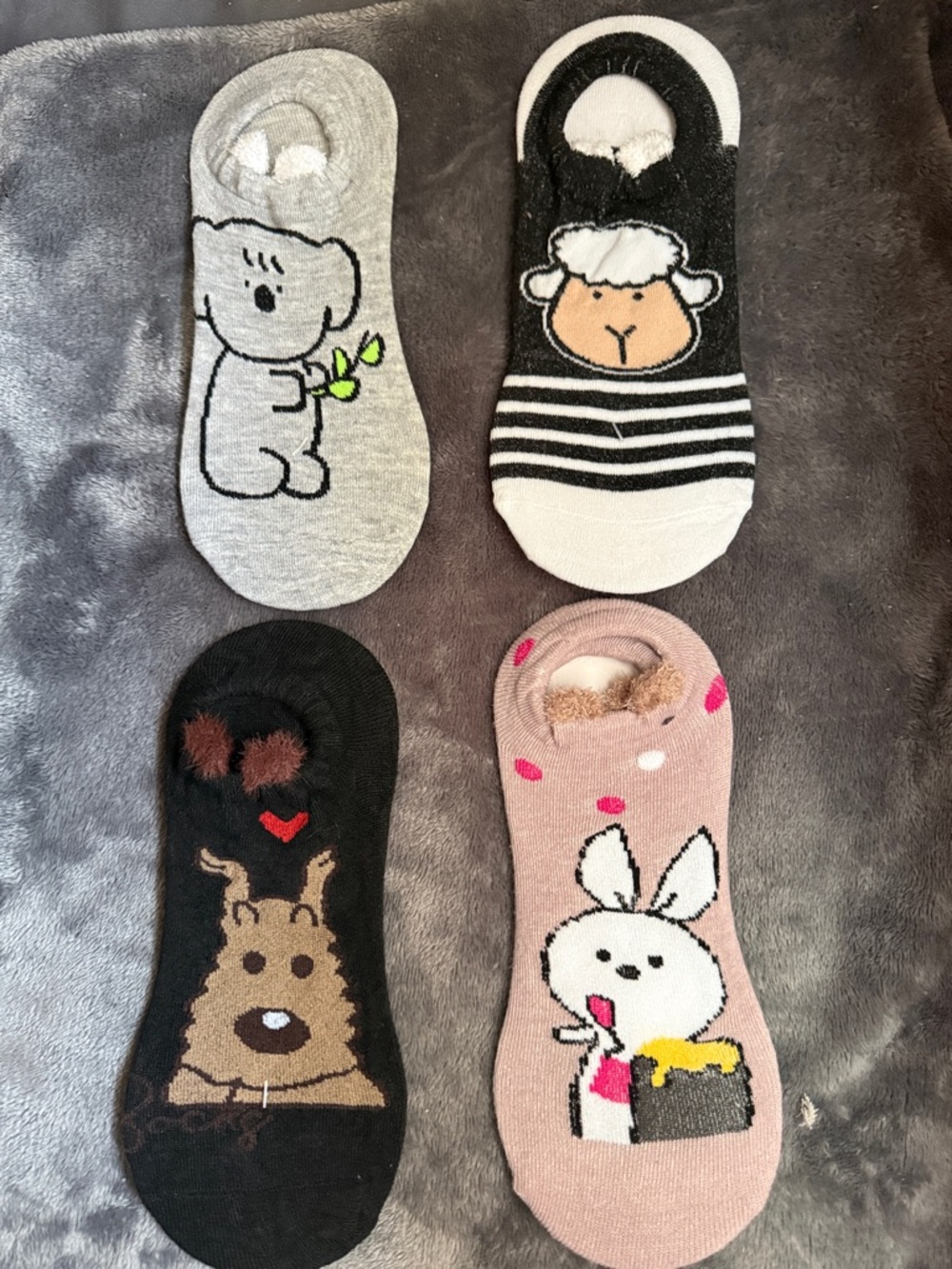 No-Show Socks Pack — Assorted Animal Designs in Gray, Black, Pink